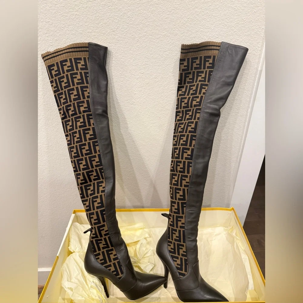 Fendi Rockoko Over the Knee Boots w FF Pattern leather sole ebano tabacco nero
